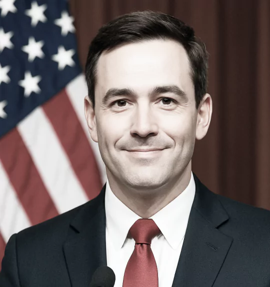A man in a suit and tie stands confidently at a podium