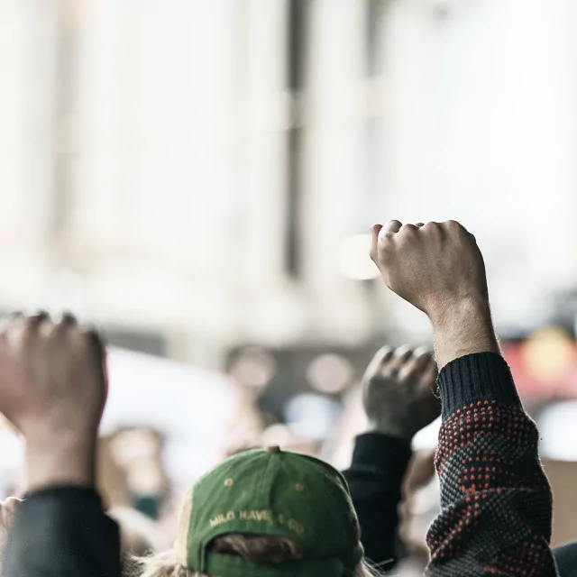 A crowd of individuals with their hands raised high